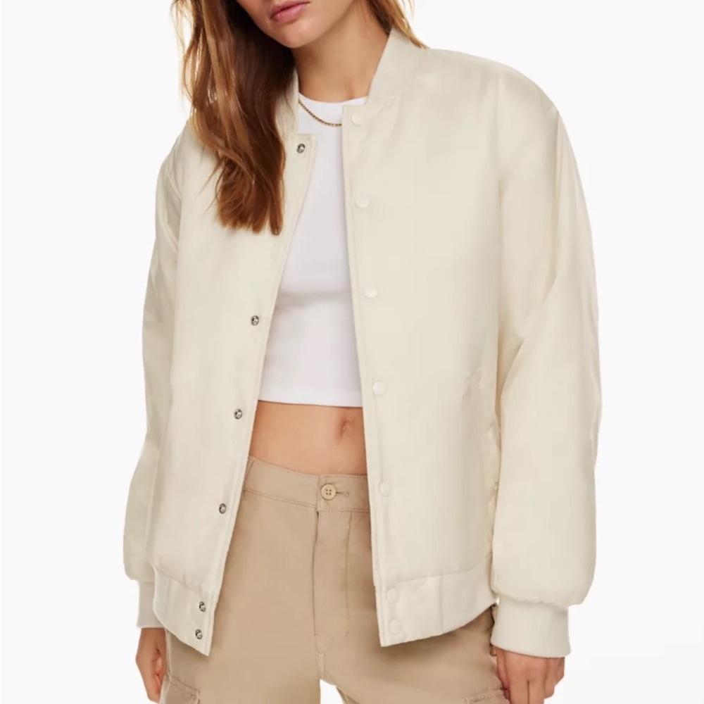 BRAND NEW Tna | Stadium Bomber Jacket in Whisper White Satin Twill Varsity Look
